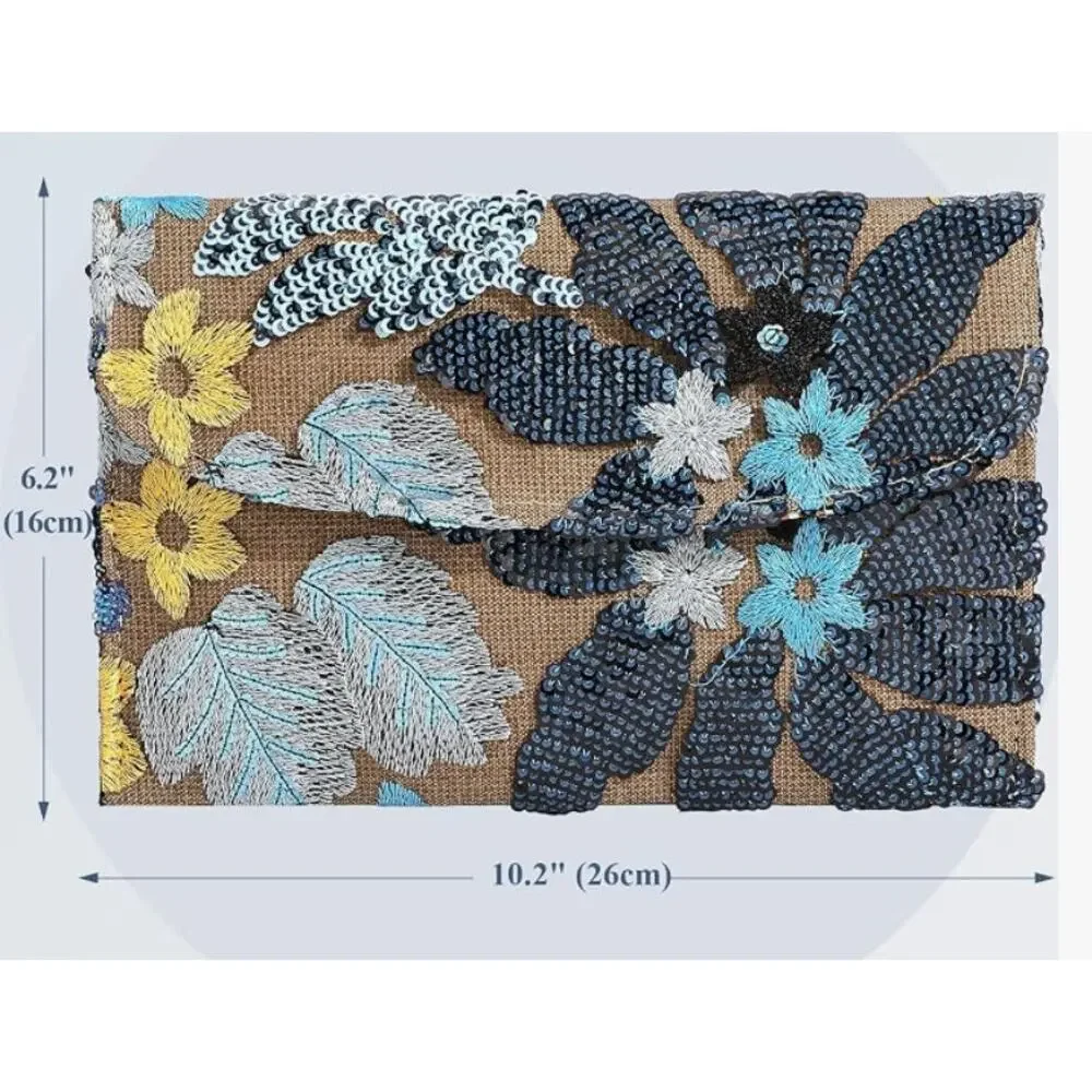 Embroidery Sequin Floral Beaded Purse Evening Bag Clutch - Blue Floral